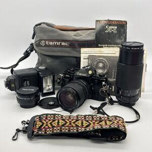 Canon A-1 35mm SLR Film Camera W/ 2 Lenses, Flash, 2x TC, Vtg Tamrac Bag- Tested